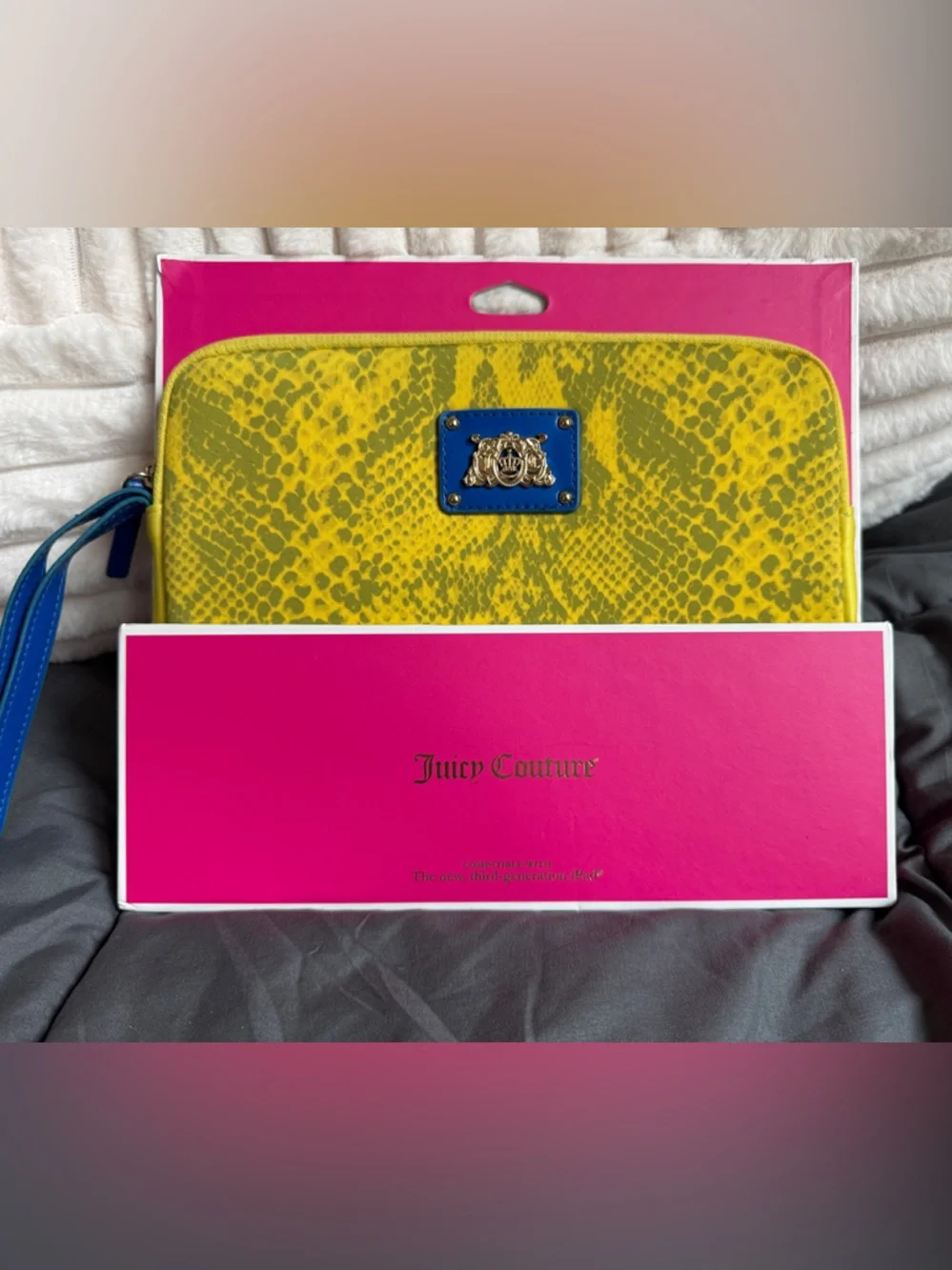Juicy Couture Yellow Snakeskin-Print Wristlet with Blue Trim
